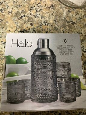 Halo Smoke Gray Embossed Glass Cocktail Shaker and Shot Glass Set